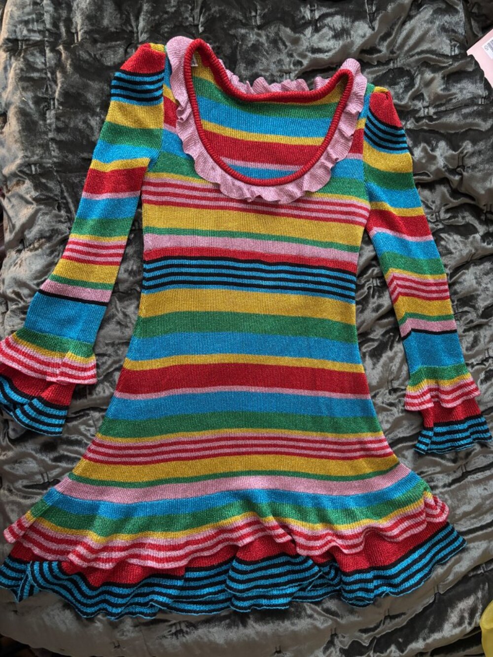 MOSCHINO 2019 Metallic Rainbow Striped Ruffled Knit Mini Dress - Picture 2 of 10